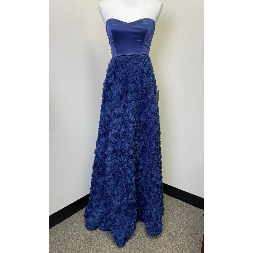 NEW Lulus Navy Blue Satin Strapless 3D Rosette Floral Maxi Gown XS Dress - Picture 2 of 16